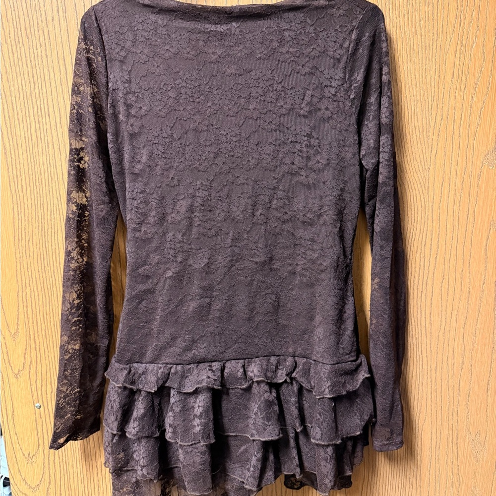 Brown Lace Long Sleeve One Piece with Ruffle Hem